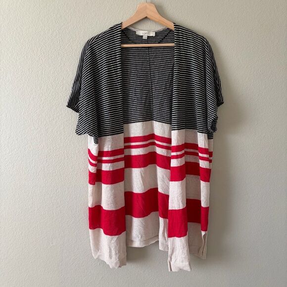 LOFT Striped Linen Dolman Short Sleeve Open Front Cardigan Size L Colorblock - Picture 2 of 6